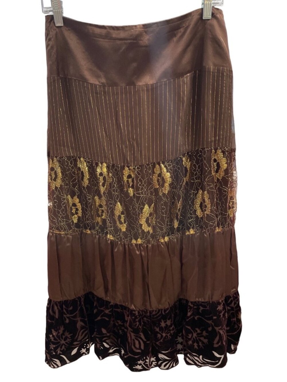 Spenser Jeremy Brown Silk Blend Tiered Midi Skirt Floral Lace Velvet Trim Size 4
